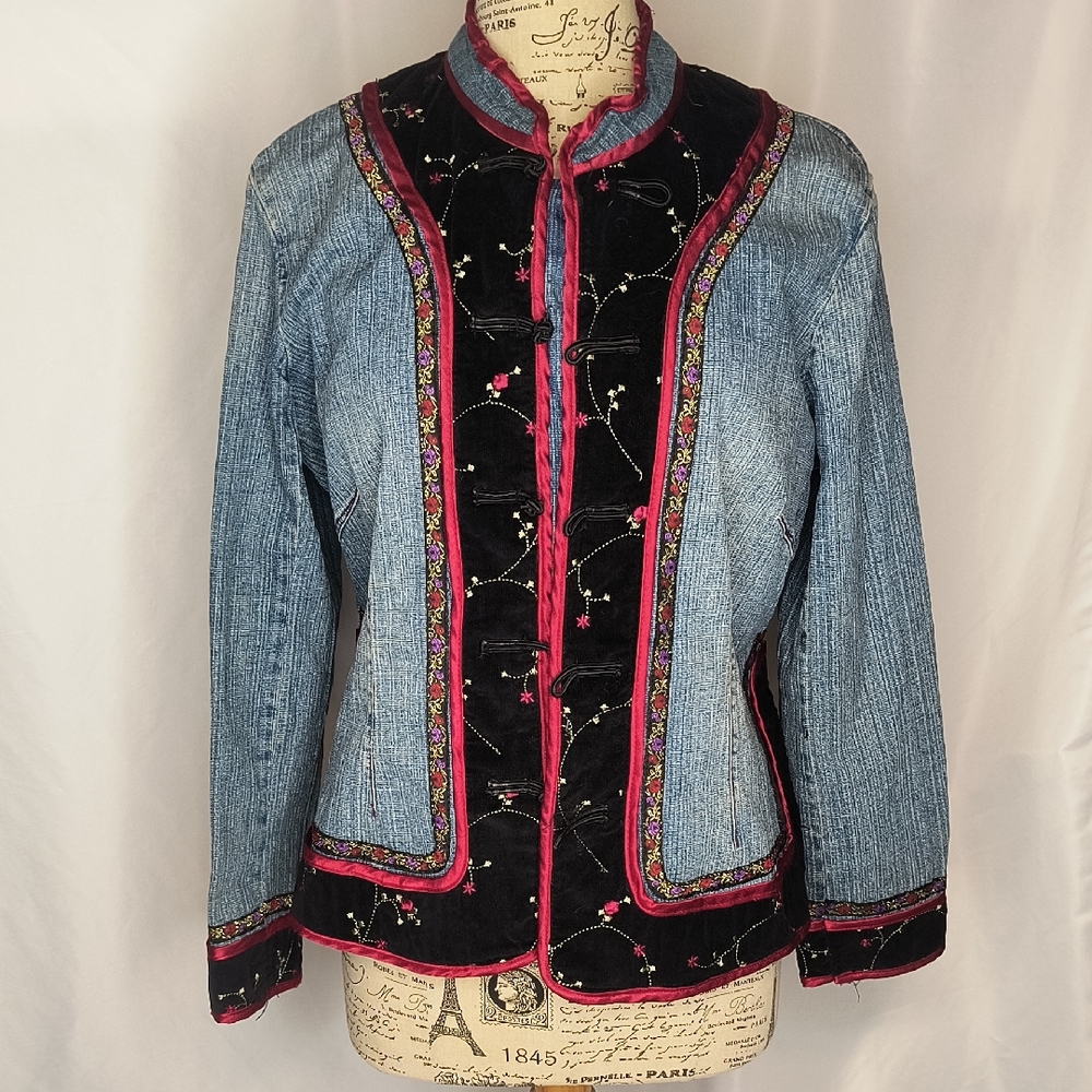Floral Embroidered Denim and Velvet Jacket Vintage, Bohemian, And Eclectic